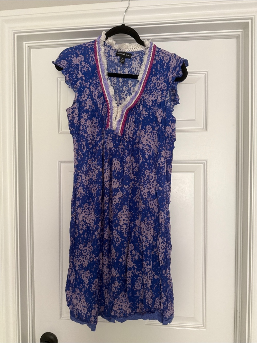 Blue Floral Mini Dress with Contrast Trim